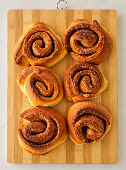 6 cinnamon buns on a wooden board
