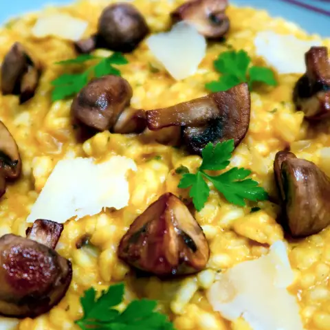 A close view of butternut risotto, deep yellow and loose, topped with browned mushrooms, shavings of parmesan and flat-leaf parsley.