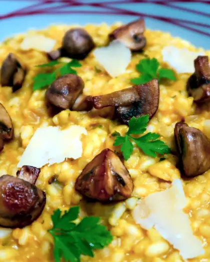 A close view of butternut risotto, deep yellow and loose, topped with browned mushrooms, shavings of parmesan and flat-leaf parsley.
