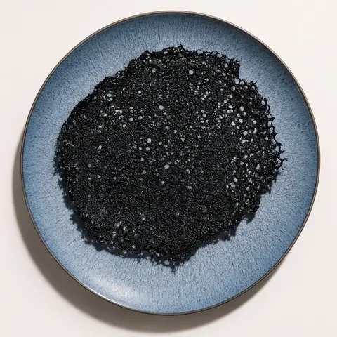 A black, lace-like crispy tuile sits on a blue-gray ceramic plate against a light background.